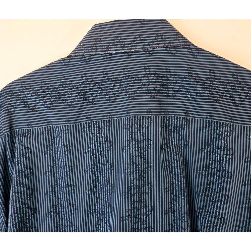 Robert Graham Mens XL Blue‎ Striped Dress Shirt Geometric Cuff Trim Silk Blend - Picture 11 of 15
